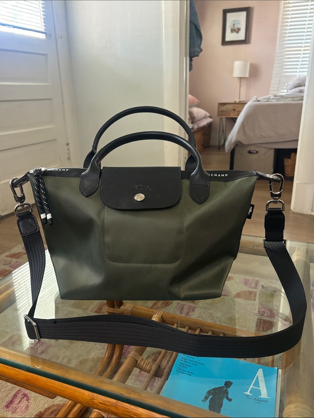 NWOT Longchamp Le Pliage Energy Olive Green Nylon Shoulder Bag with Black Trim